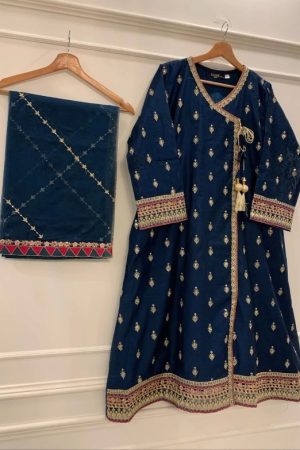 2pc rawsilk shirt and net dupatta blue